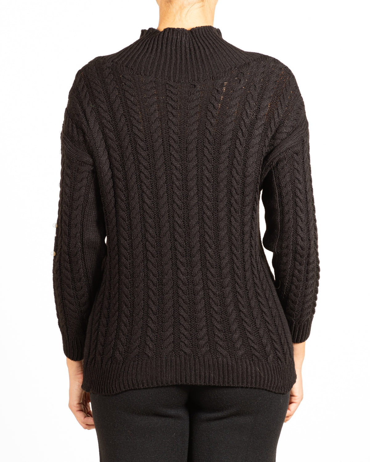 Black Hi Mock Neck Pearl Shoulder Detail Cableknit Sweater