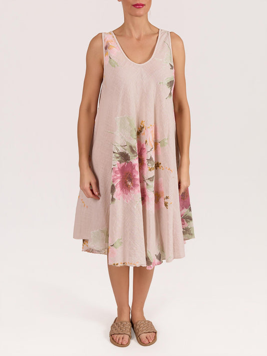 Beige Sleeveless Flare A-Line Floral Print Dress