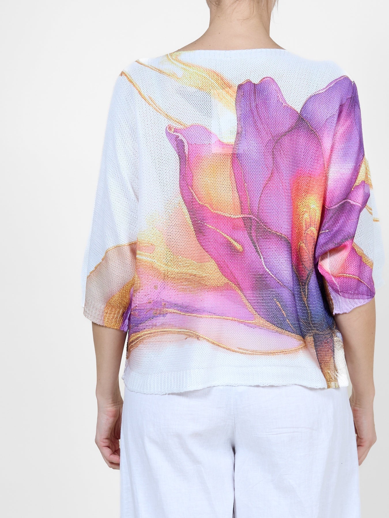 White Top with Bold Purple, Pink & Yellow Floral Print