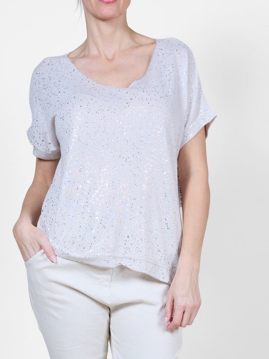 Sand Sparkle V-Neck Short Sleeve Top