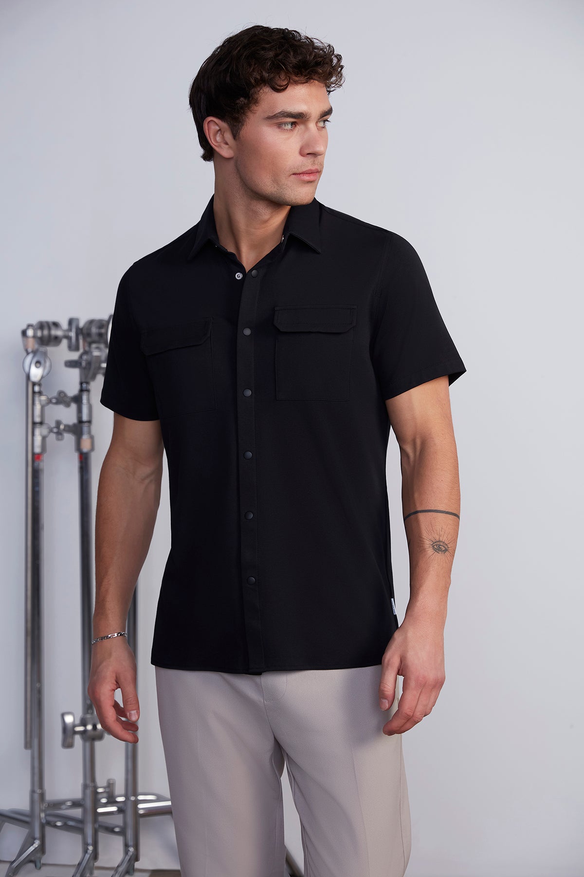 Mens Black Pocket Button Front T-Shirt