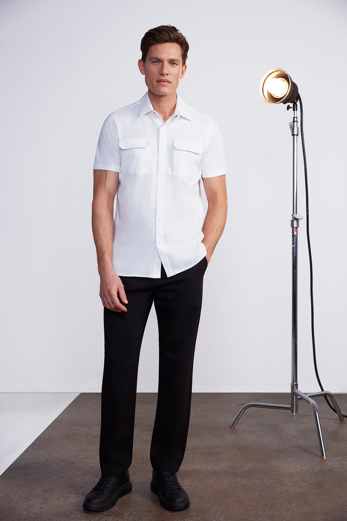 Mens White Pocket Button Front T-Shirt