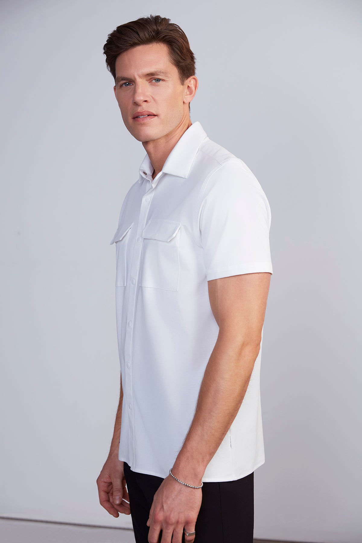 Mens White Pocket Button Front T-Shirt