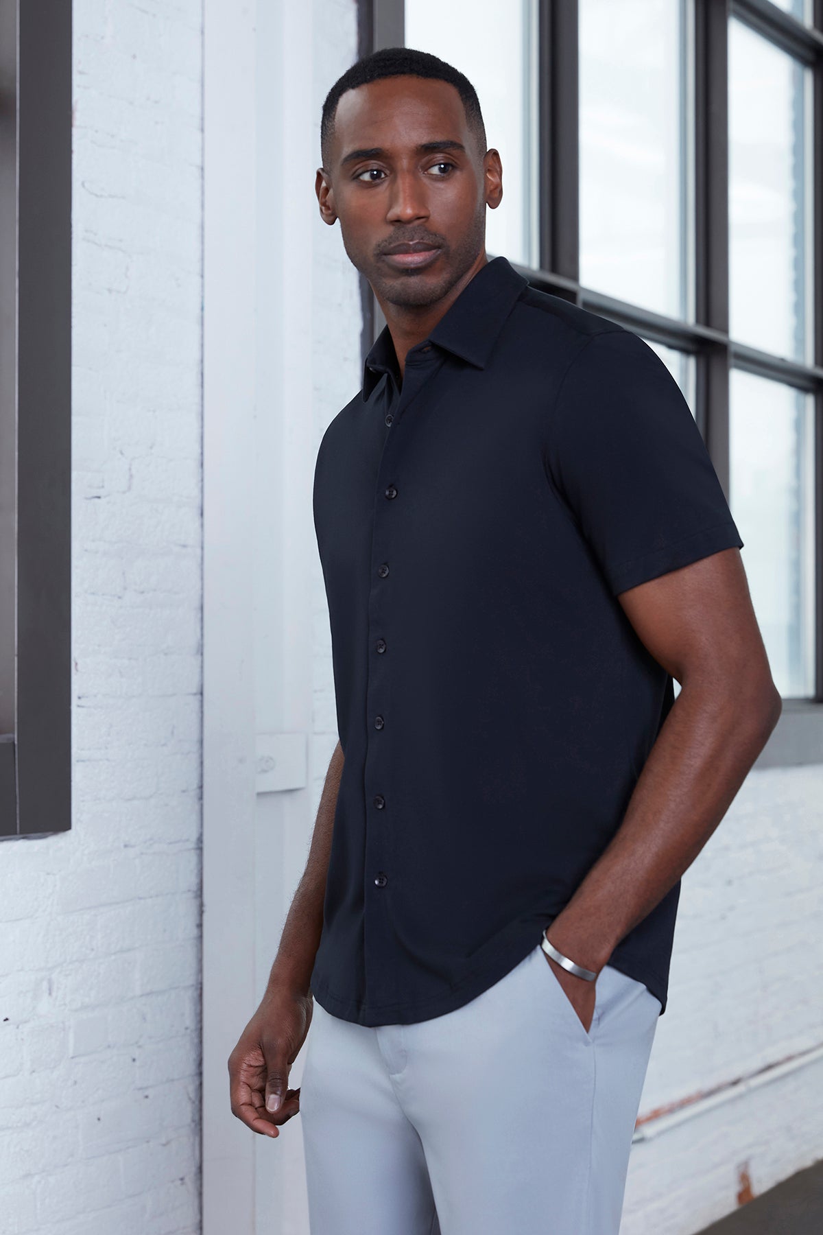 Mens Black Button Front Dress Shirt