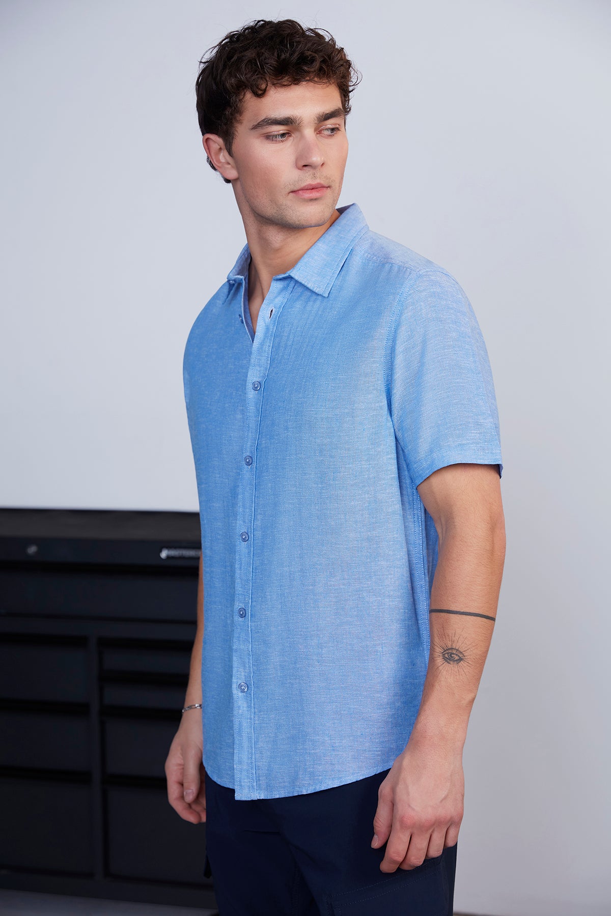 Mens Blue Heathered Button Up Dress Shirt