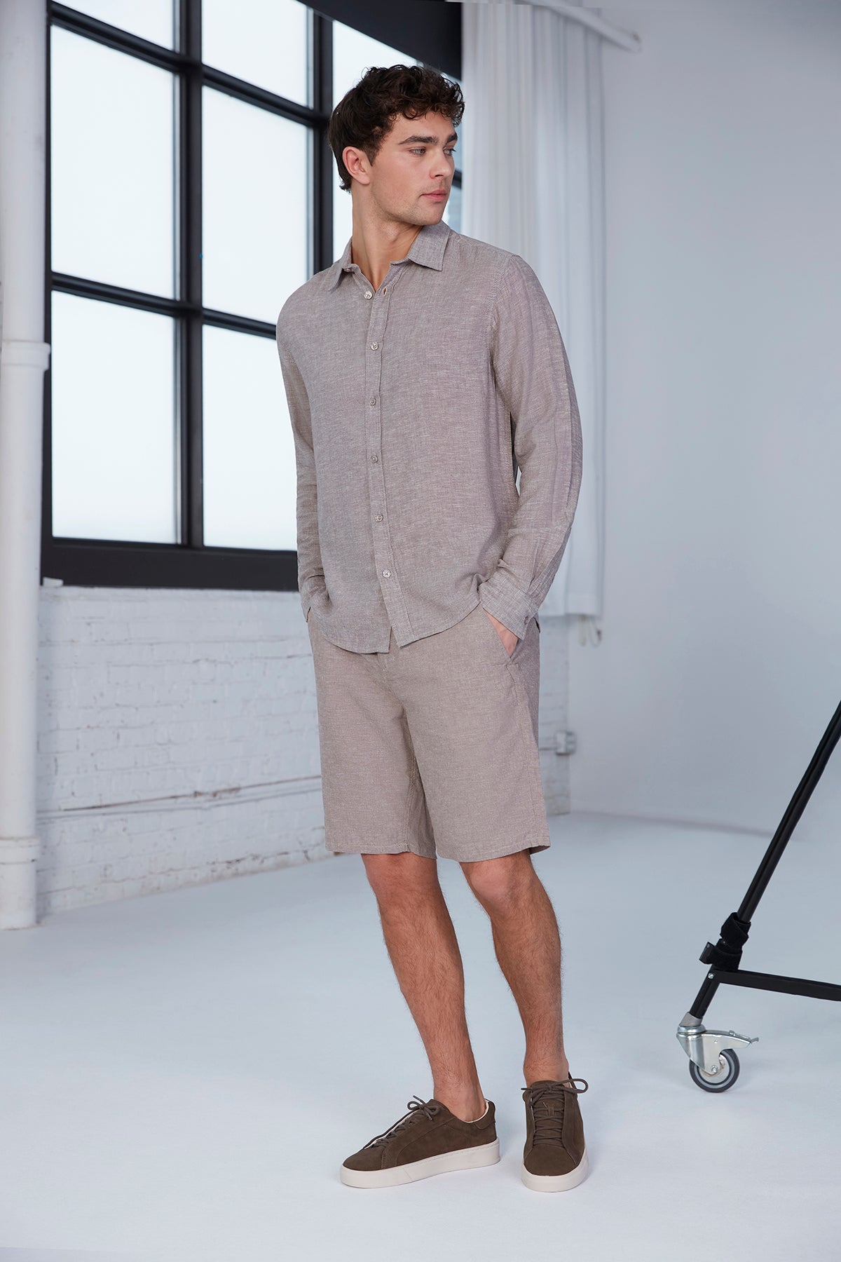 Mens Tan Heathered Long Sleeve Button Front Shirt