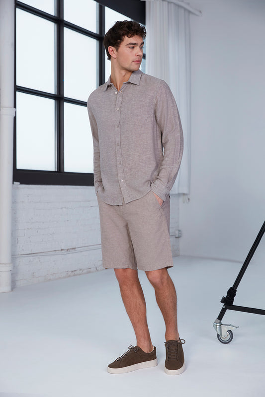 Mens Tan Heathered Long Sleeve Button Front Shirt