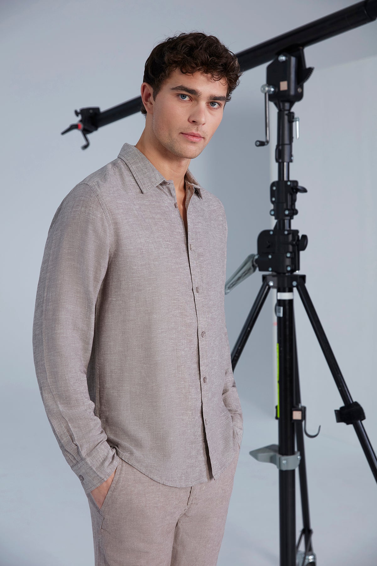 Mens Tan Heathered Long Sleeve Button Front Shirt