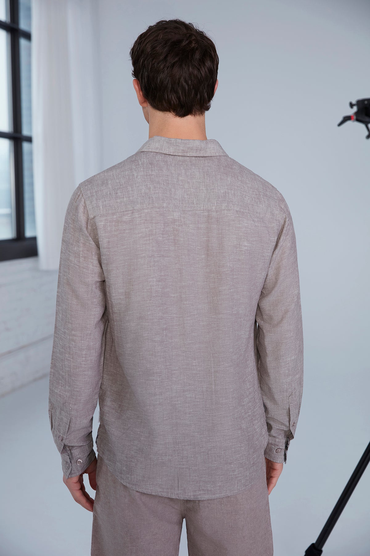 Mens Tan Heathered Long Sleeve Button Front Shirt