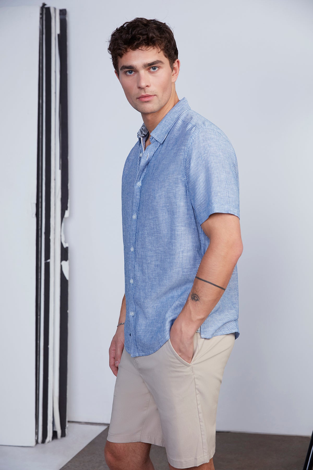 Mens Blue Pinstripe Button Front T-Shirt