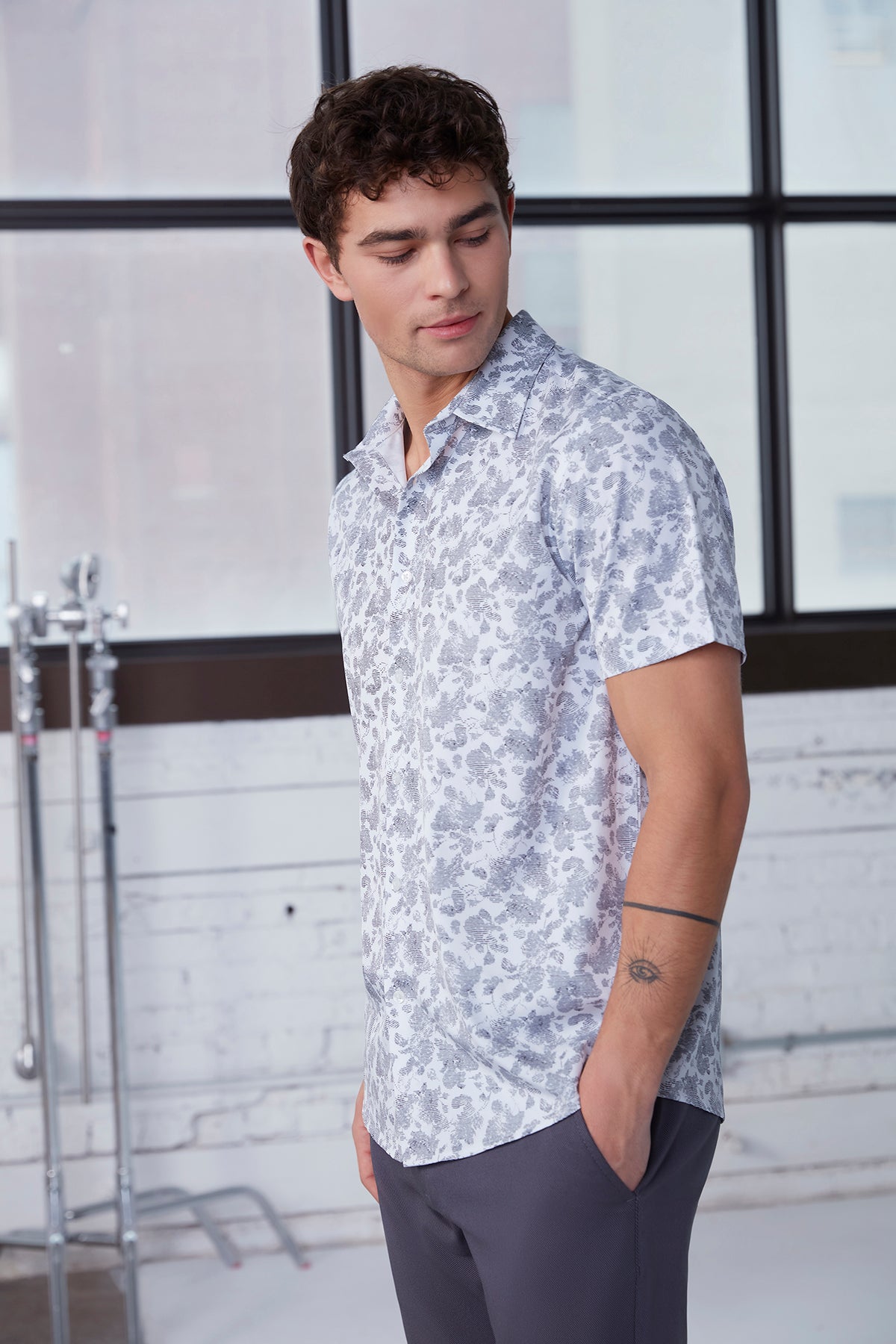 Mens White Fineline Print Button T-Shirt