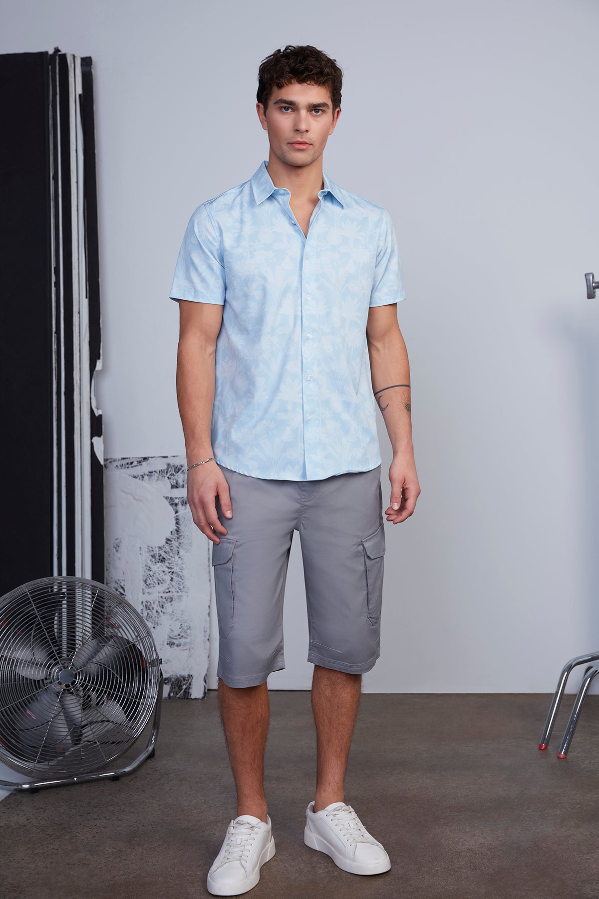 Mens Blue Light Floral Print Button T-Shirt