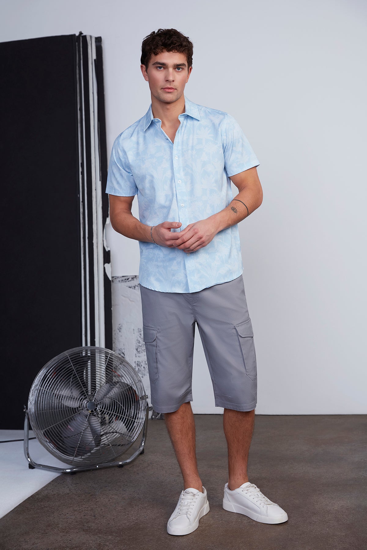Mens Blue Light Floral Print Button T-Shirt