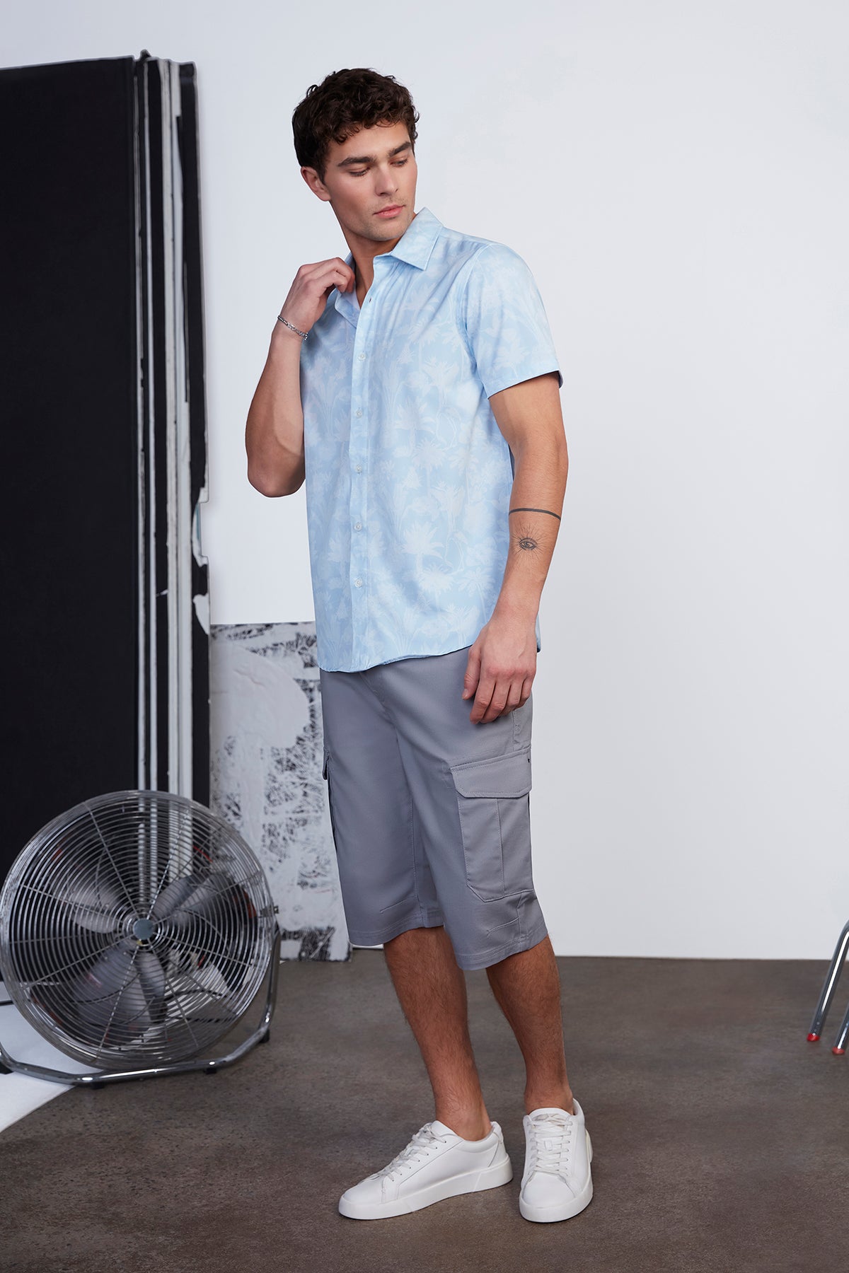 Mens Blue Light Floral Print Button T-Shirt