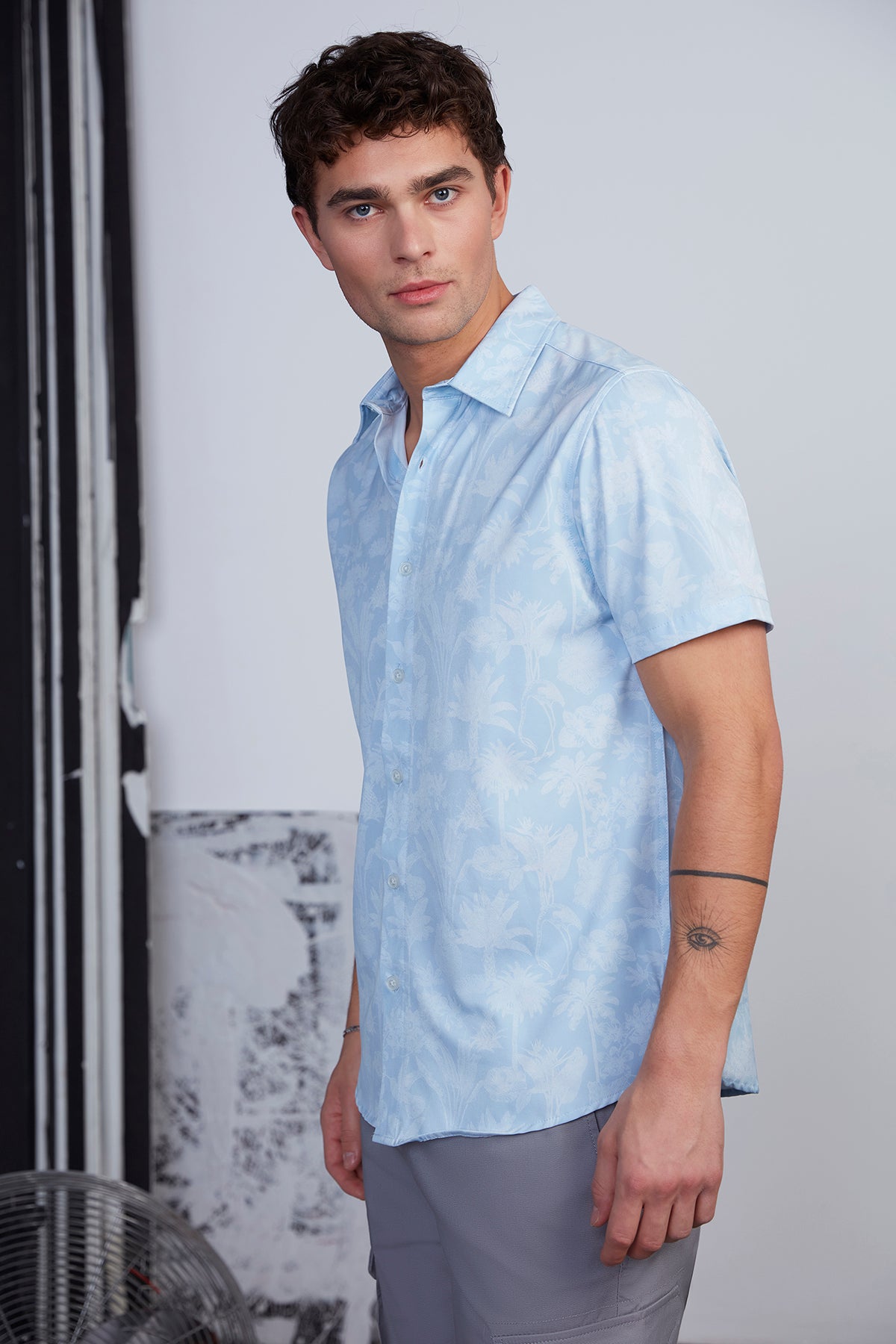 Mens Blue Light Floral Print Button T-Shirt