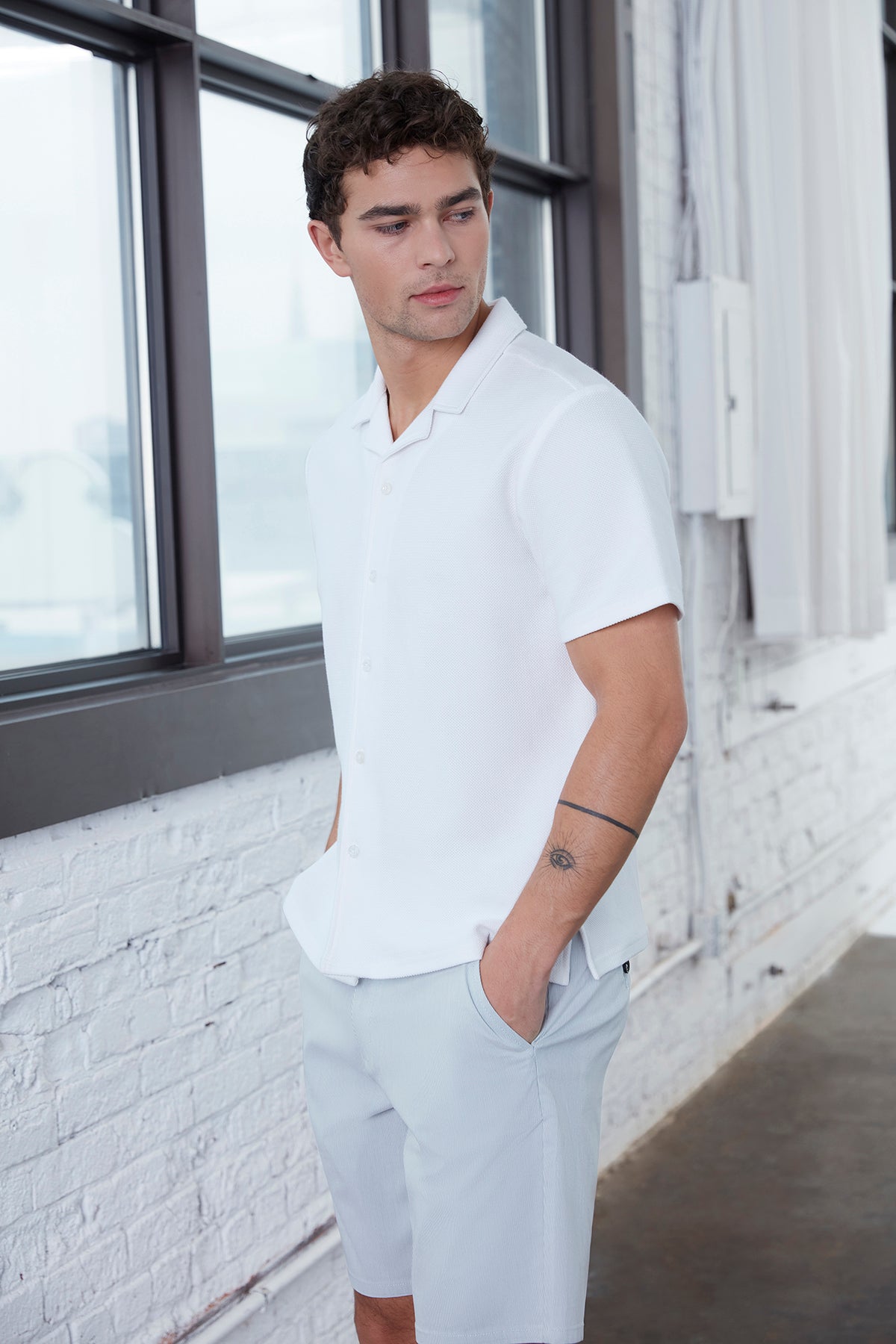 Mens White Button Front T-Shirt