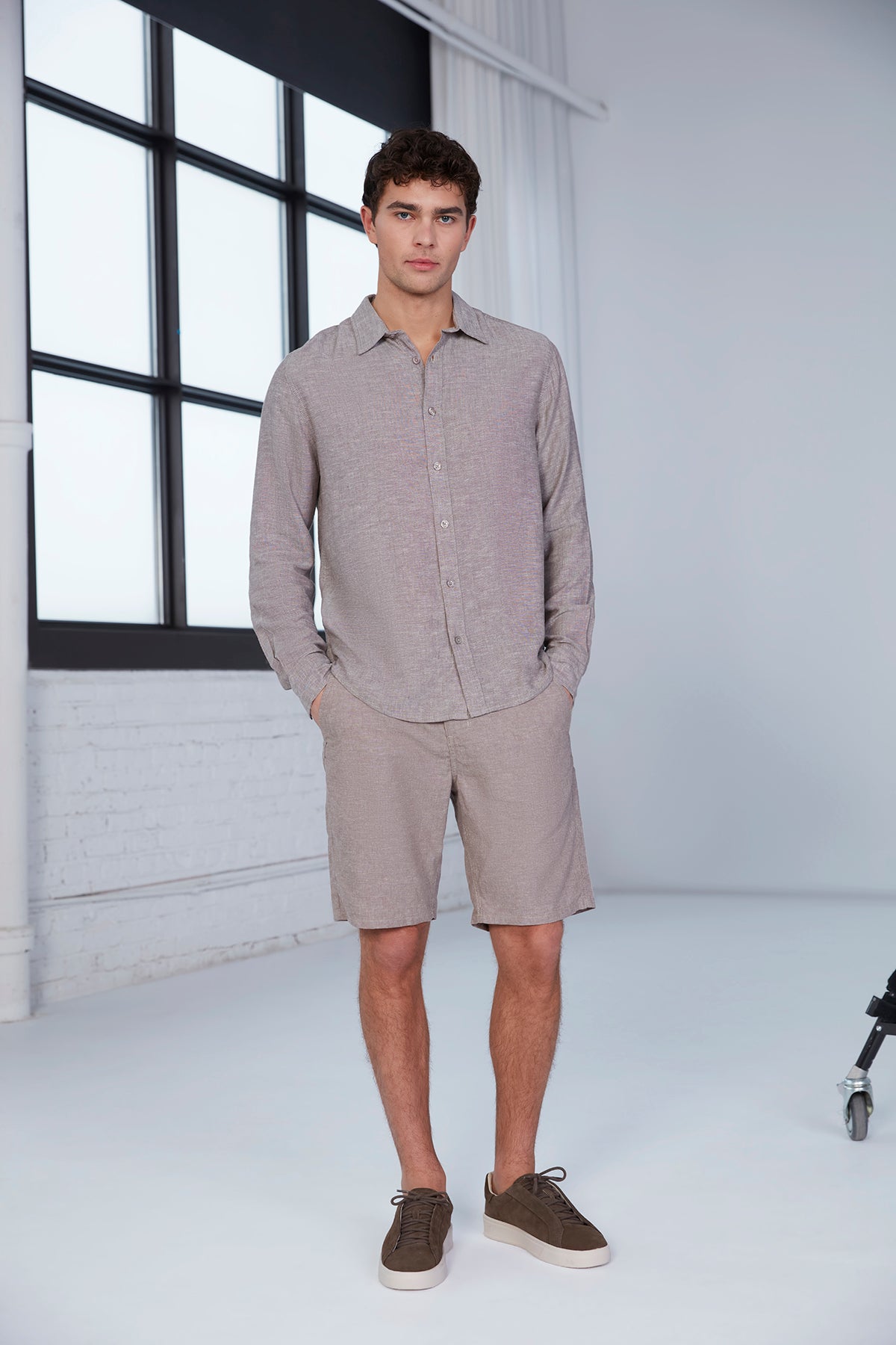 Mens Tan Heathered Long Sleeve Button Front Shirt