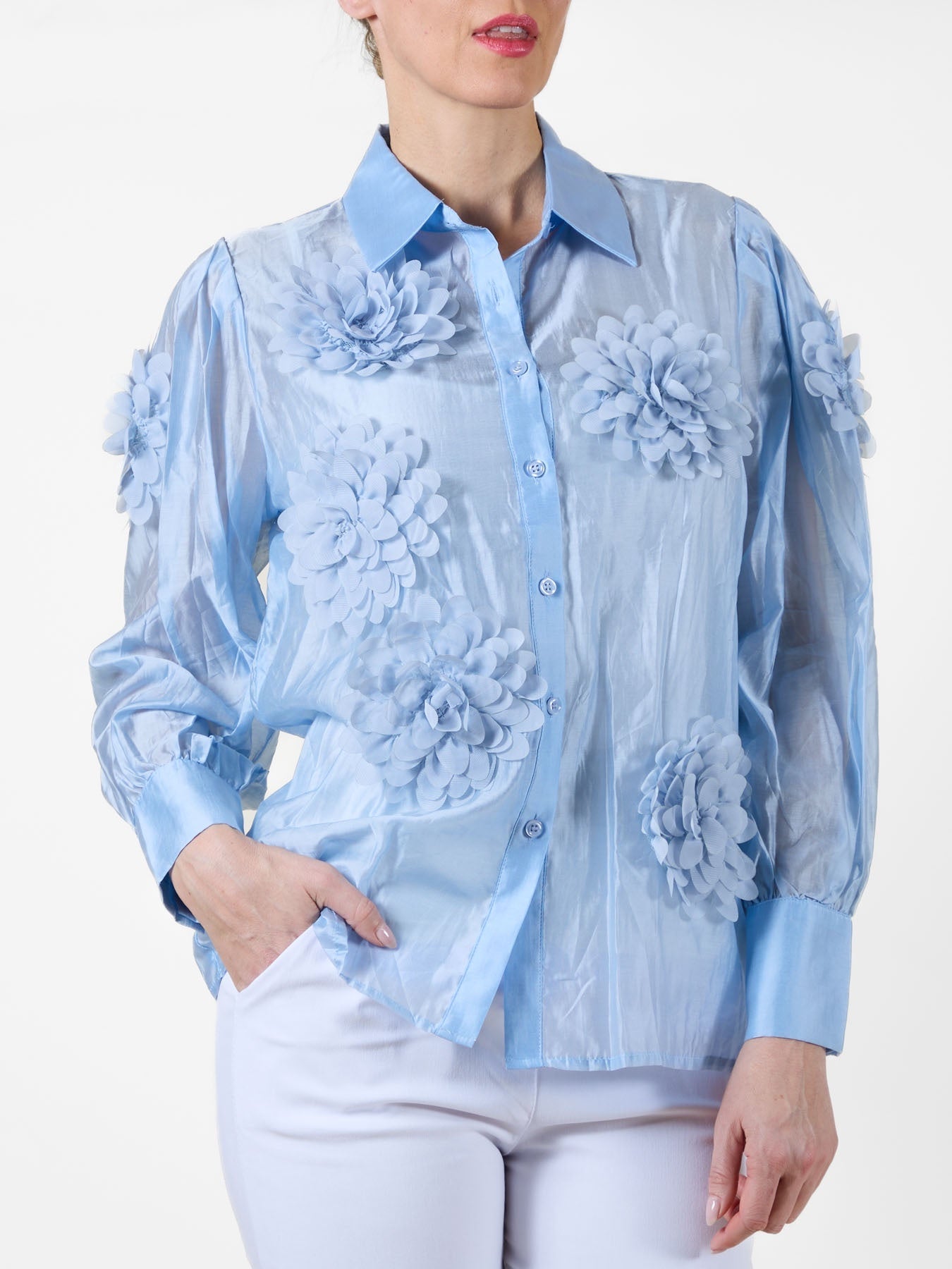 Sky Blue Button-Up Blouse with Fabric Flower Detailing