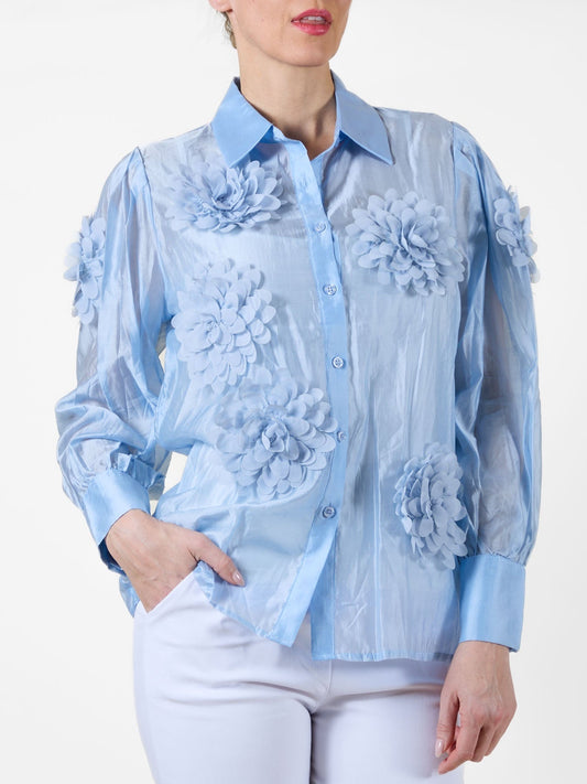 Sky Blue Button-Up Blouse with Fabric Flower Detailing
