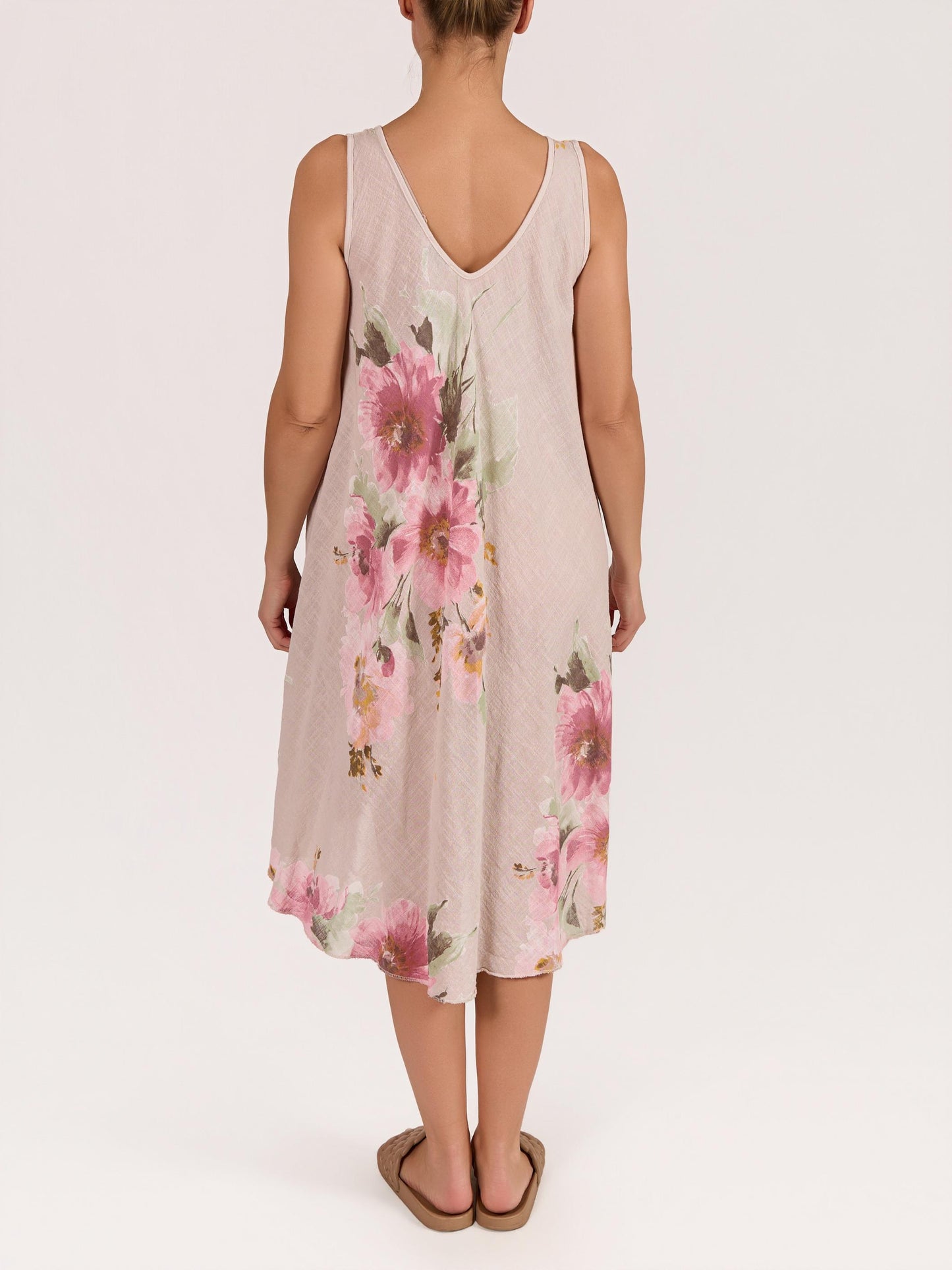 Robe Beige Sans Manches Évasée Ligne A à Imprimé Floral