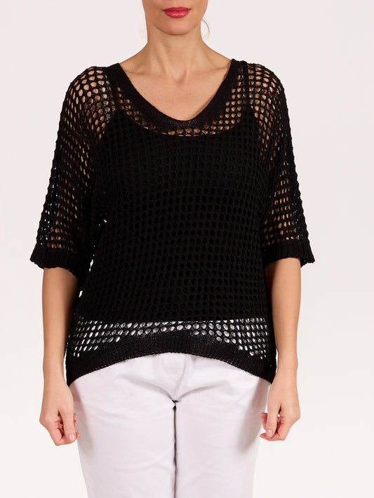 Black V Neck Drop Shoulder Crochet Sweater