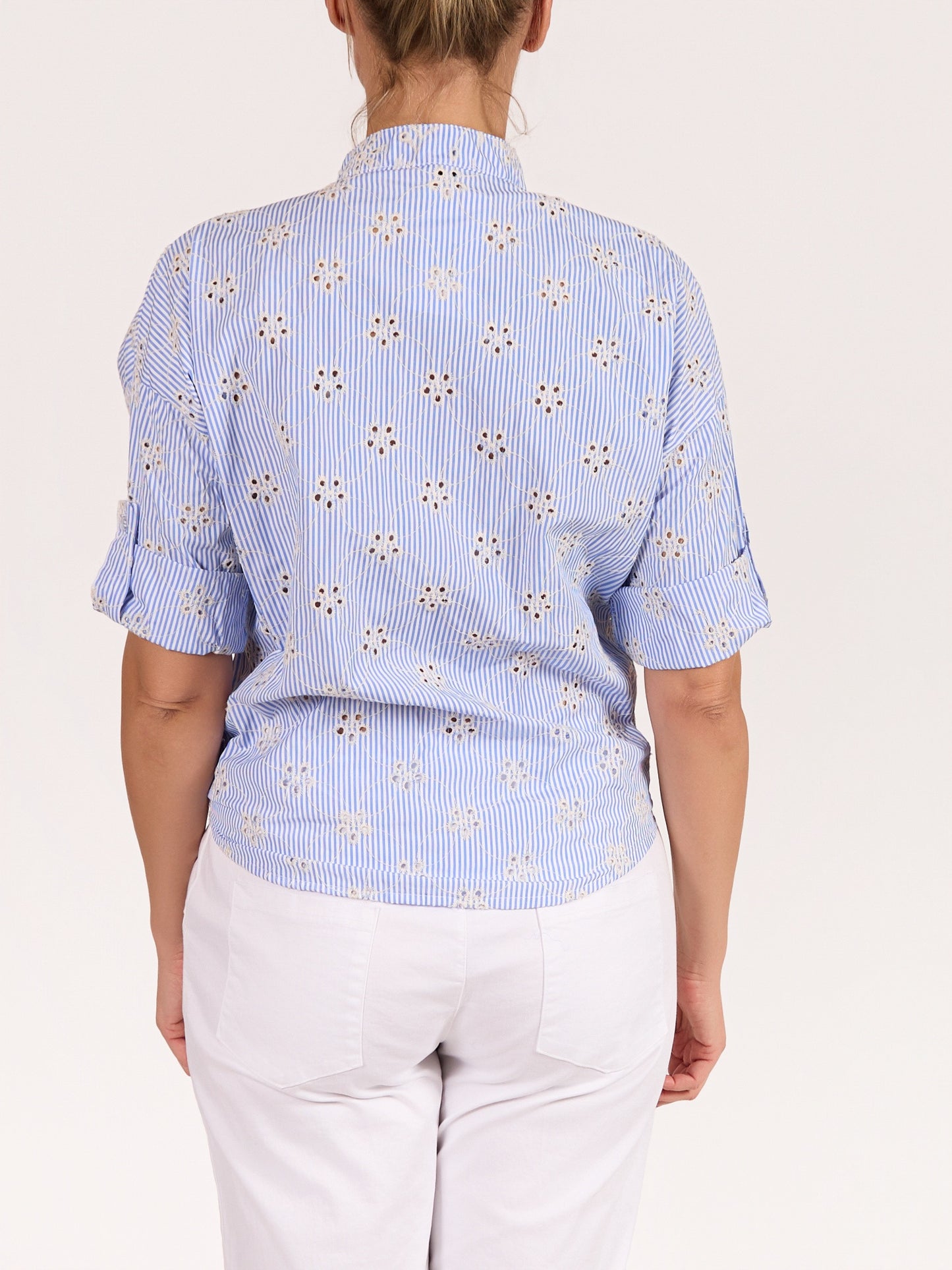 Blue Button Front Mandarin Collar Eyelet Stripe Shirt
