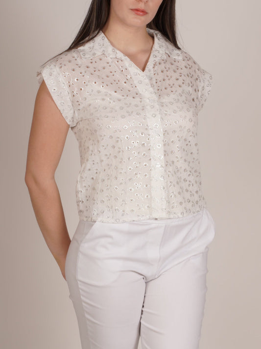 Short Sleeve Button-Up Top with All-Over Silver Embroidered Design