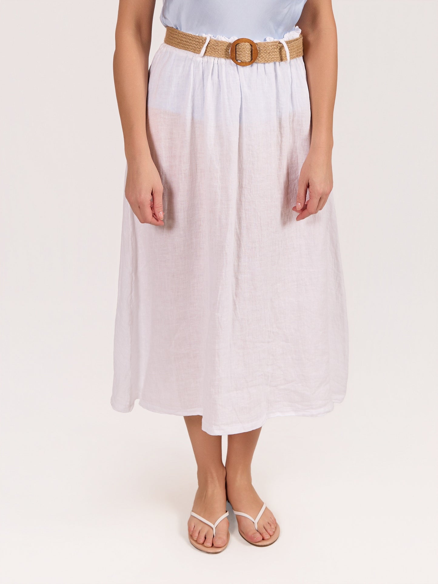 White Pull on Belted Flare Skirt