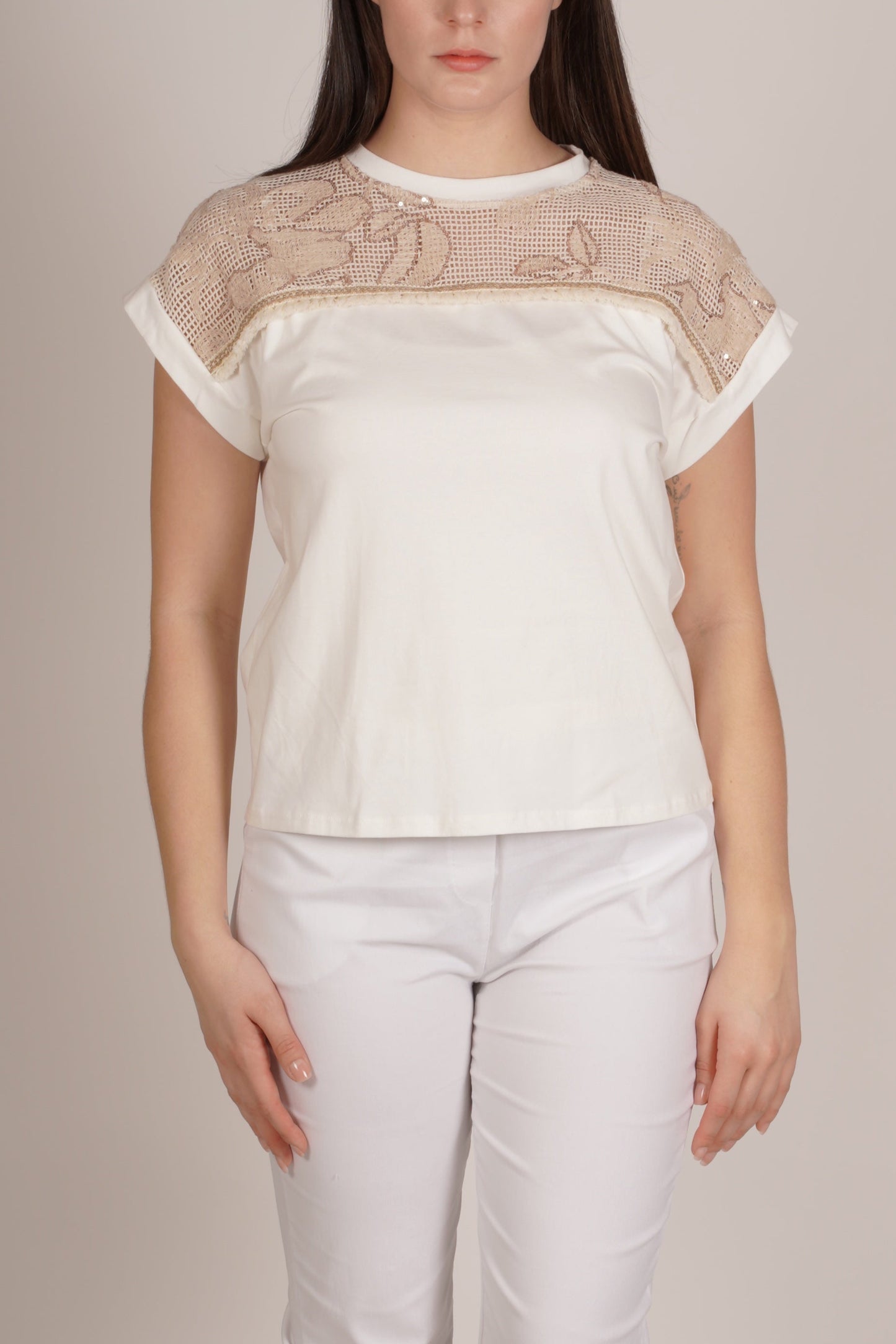 Ivory Combo Embroidered Mesh Knit Top