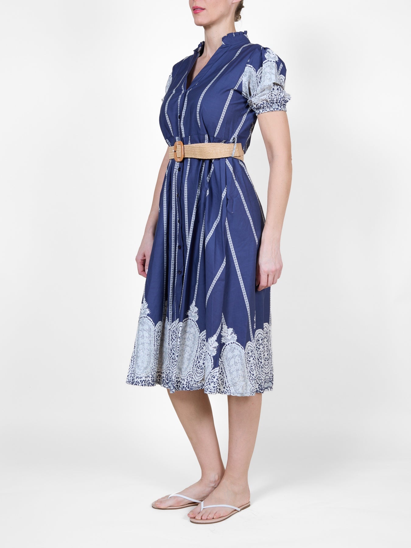 Midnight Button-Down Midi Shirt Dress with Woven Belt