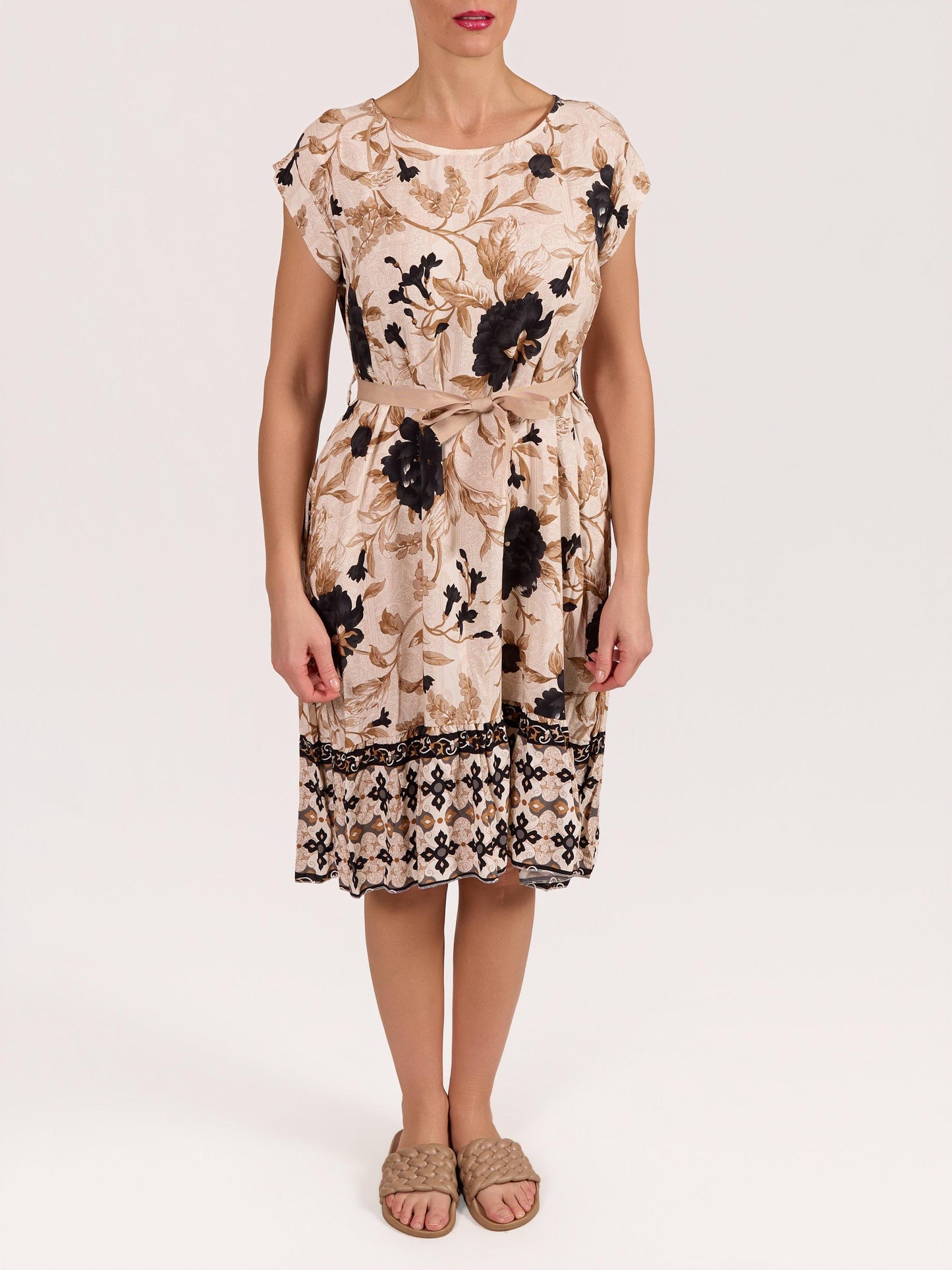 Black Boat Neck Short Sleeve Border Floral Peasant Ribbon Belt Dress