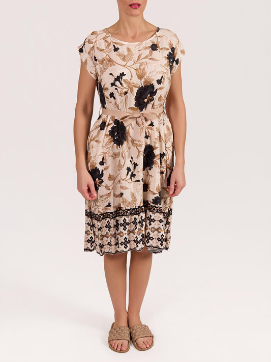 Black Boat Neck Short Sleeve Border Floral Peasant Ribbon Belt Dress