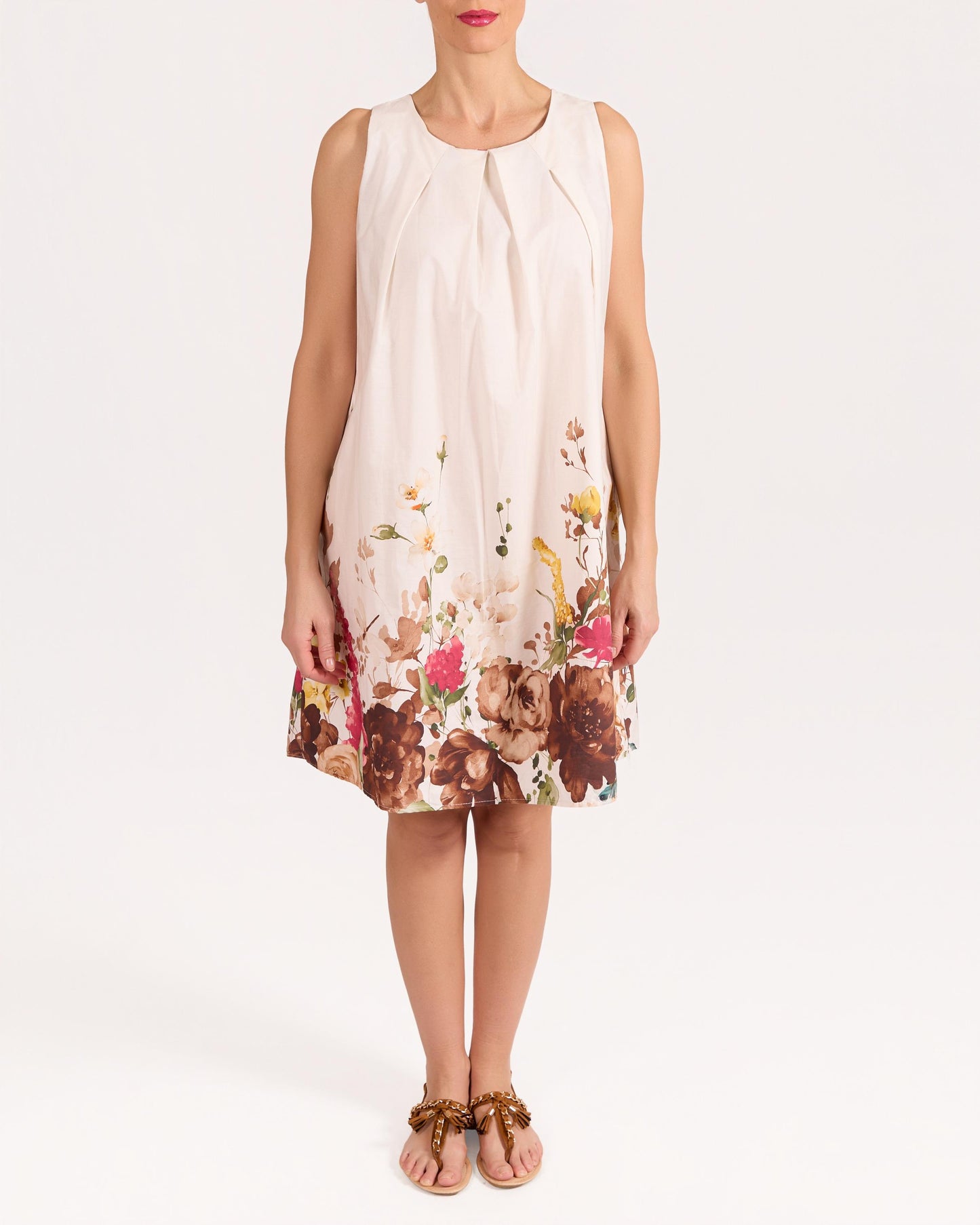 Beige Sleeveless Border Print Floral Pleated Neckline Dress