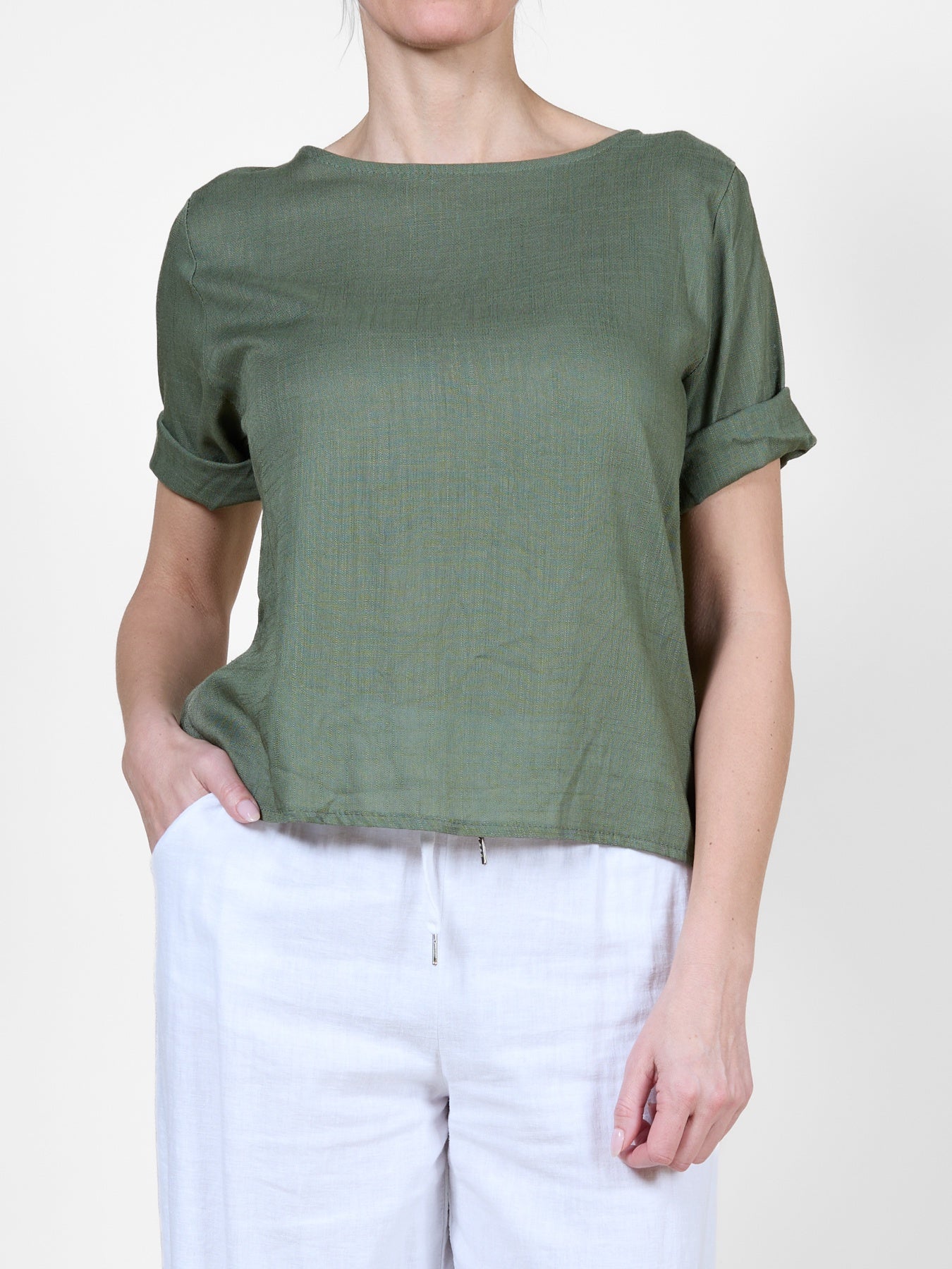 Military Cuffed Short-Sleeve Button-Back T-Shirt Blouse