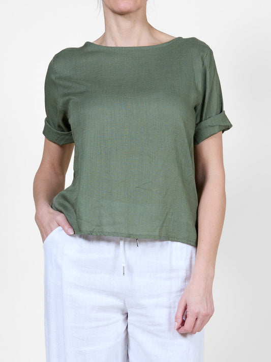 Military Cuffed Short-Sleeve Button-Back T-Shirt Blouse