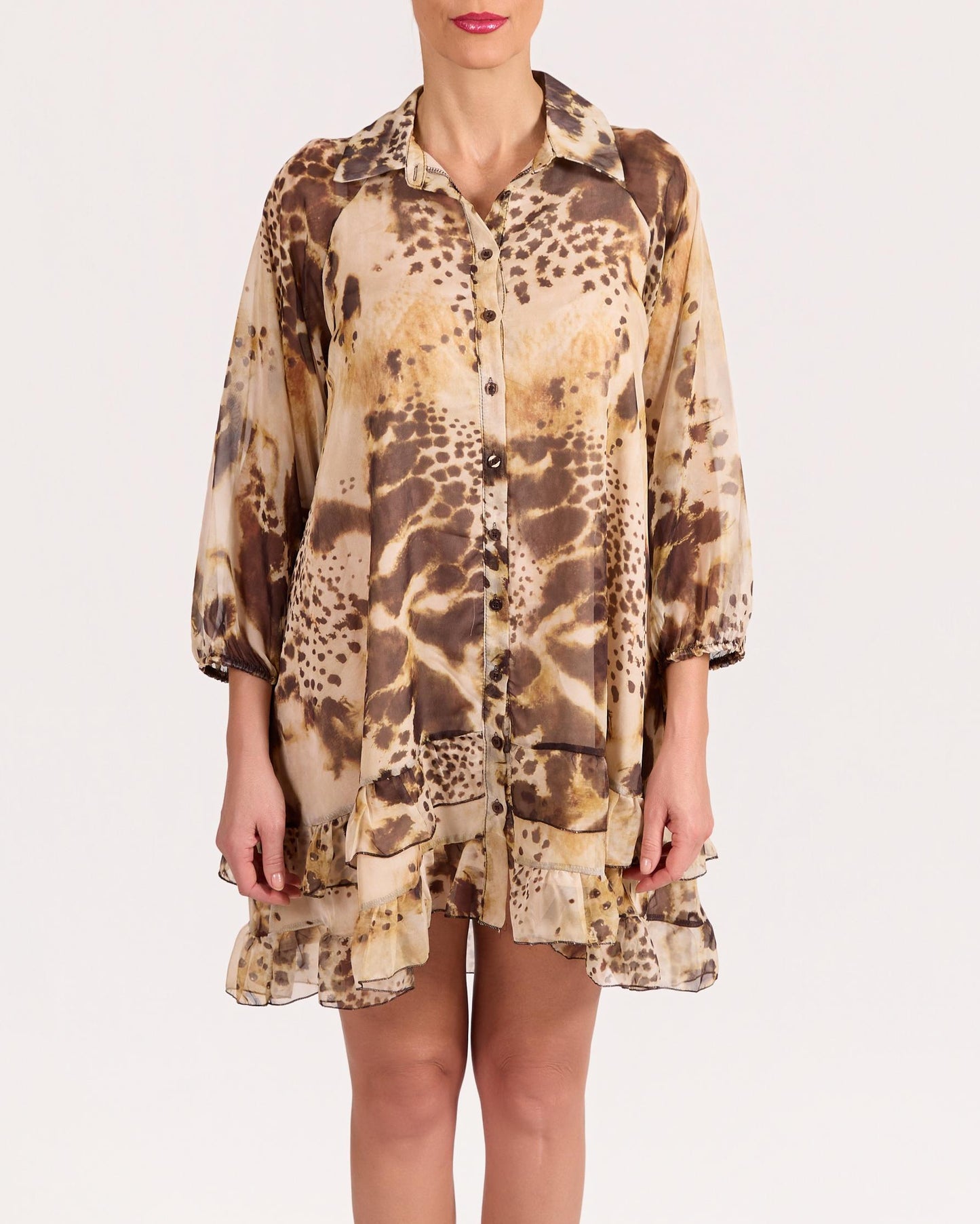 Espresso Button Front Animal Print Lined Long Sleeve Dress