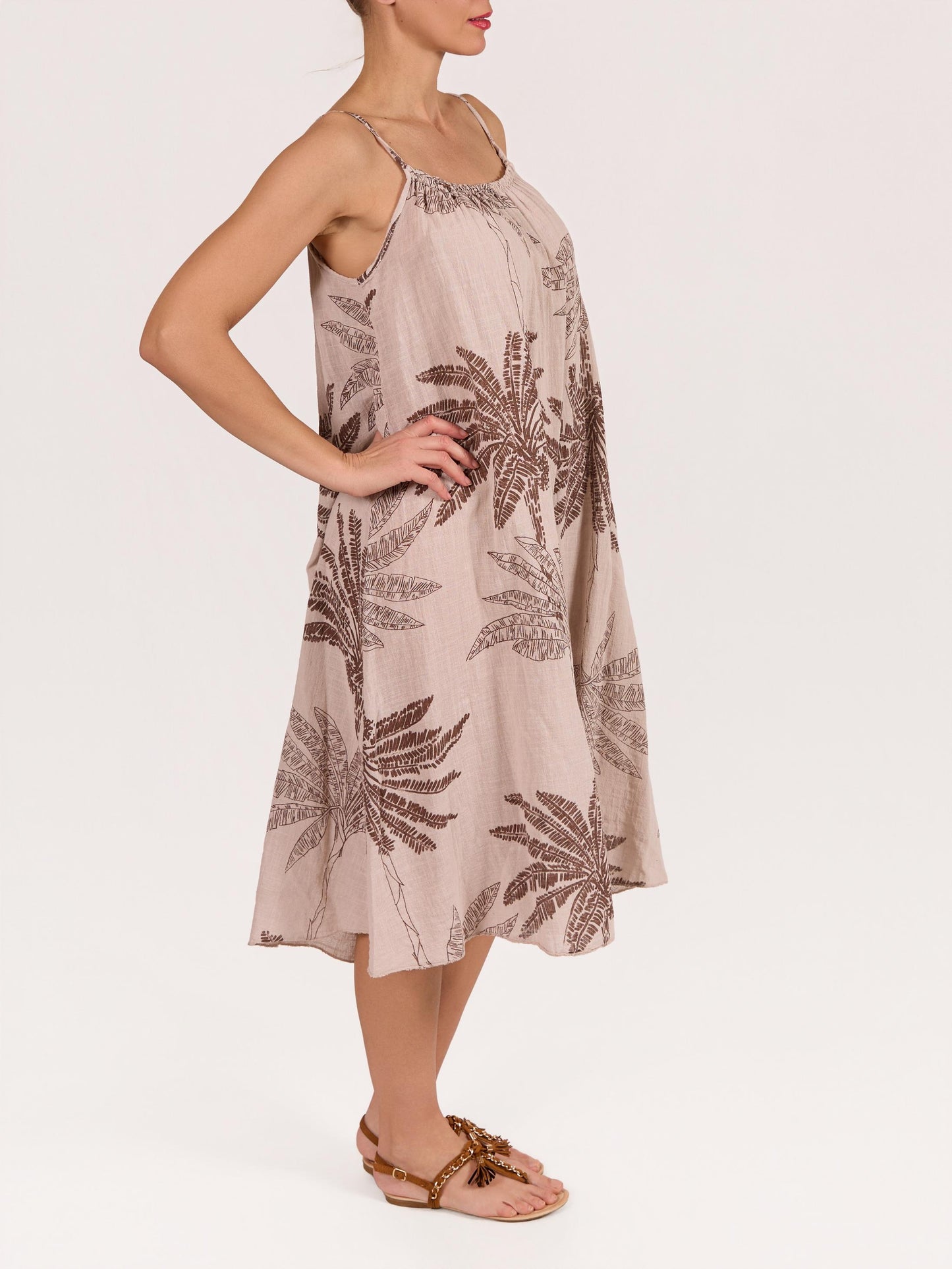 Beige Spaghetti Strap Palm Floral Gauze Dress