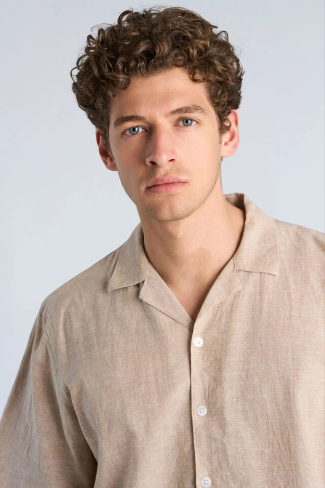 Men's Sand Cropped Length Button Linen Shirt