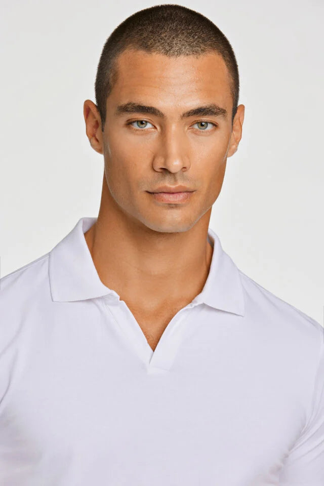 Men's White Simple Open Neck Polo Shirt