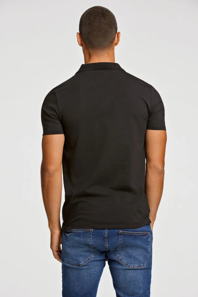Men's Black Simple Open Neck Polo Shirt