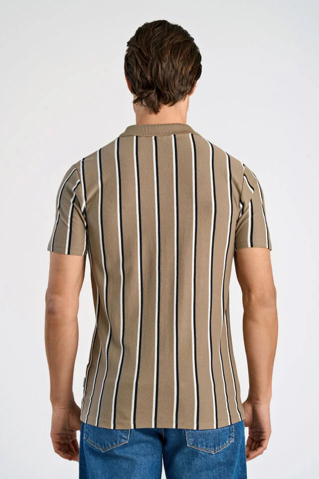 Men's Stone Open Neck Striped Polo Shirt