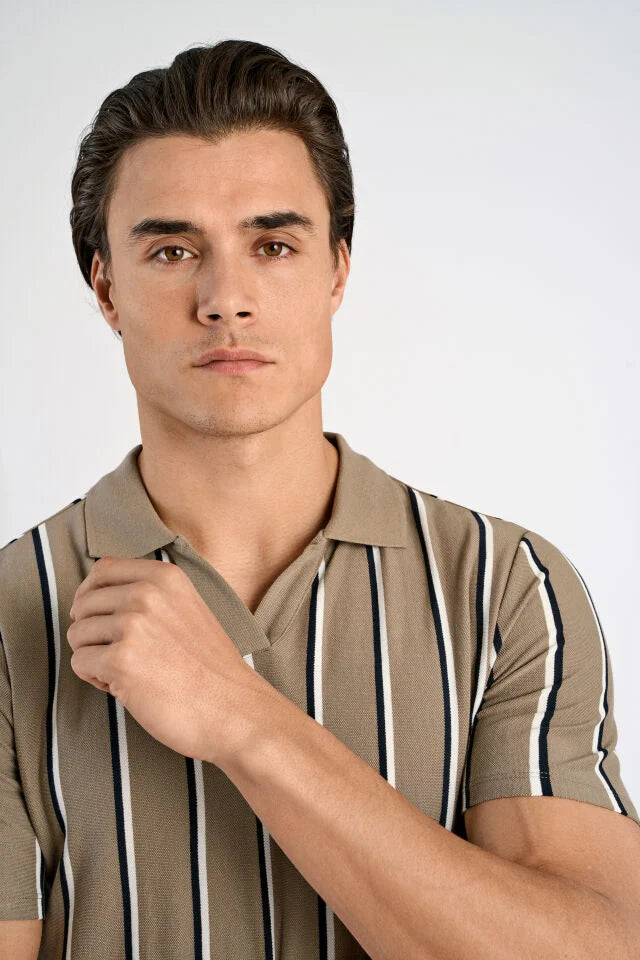 Men's Stone Open Neck Striped Polo Shirt