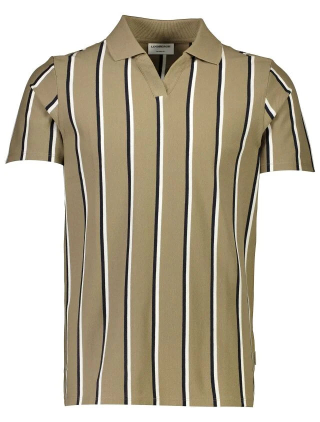 Men's Stone Open Neck Striped Polo Shirt