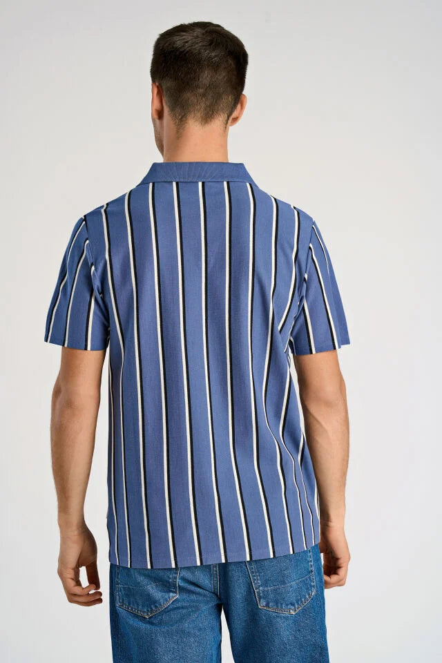 Men's Sky Blue Open Neck Striped Polo Shirt