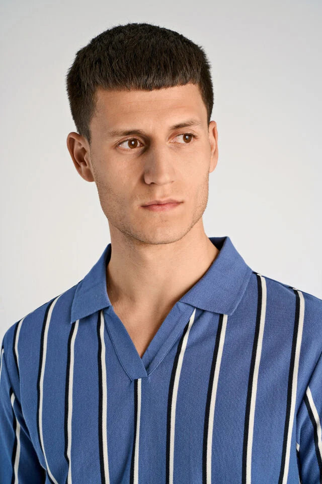Men's Sky Blue Open Neck Striped Polo Shirt