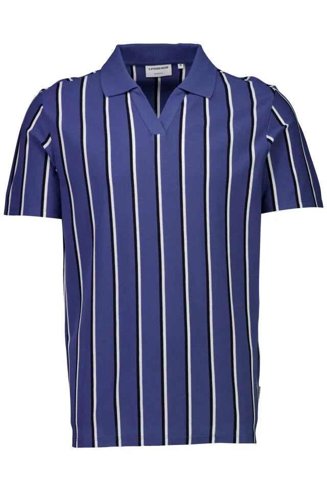 Men's Sky Blue Open Neck Striped Polo Shirt