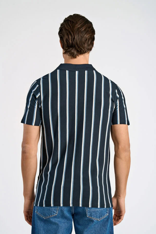 Men's Midnight Open Neck Striped Polo Shirt