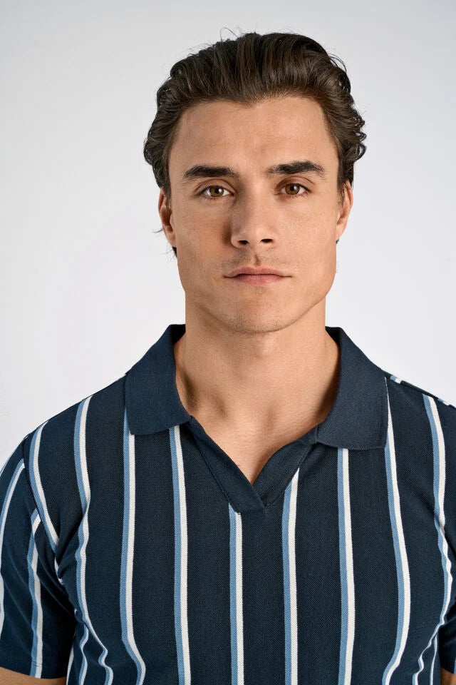Men's Midnight Open Neck Striped Polo Shirt