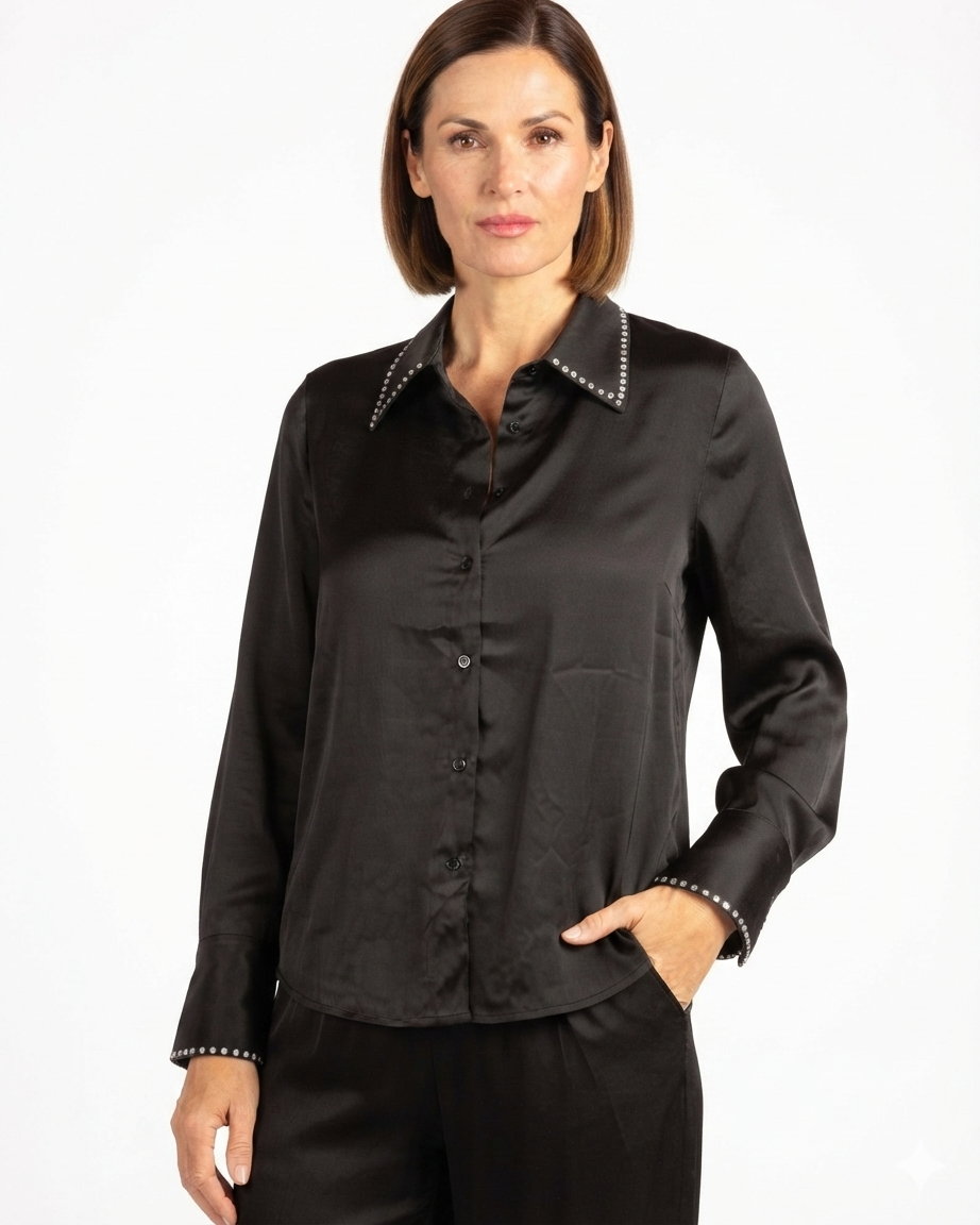 Black Button Front Rhinestone Collar with a Sleeve Detail Blouse Top