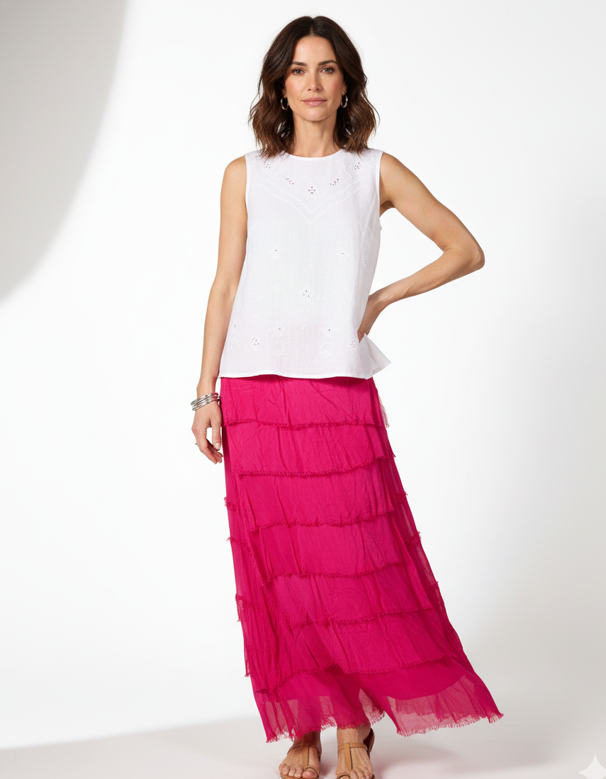Cherry Pull On Wide Band Combo Multi Raw Edge Lined Maxi Silk Skirt
